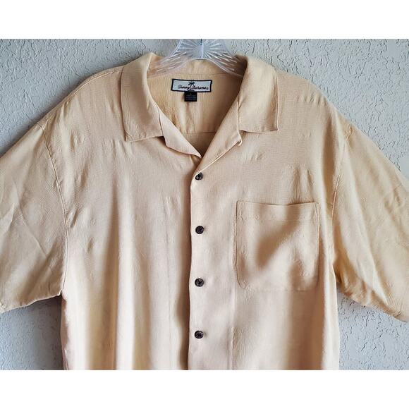 TOMMY BAHAMA Men's L SILK Shirt Hawaiian Palms Orange Button Up Chest 44" - Picture 2 of 6